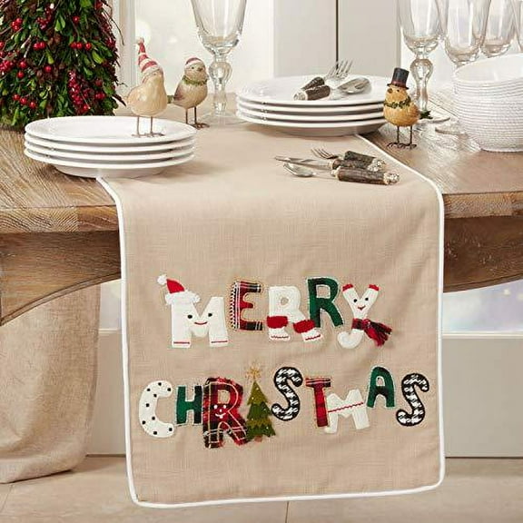 Fennco Styles Merry Christmas Cotton Table Runner 16" W x 72" L - Natural Festive Table Cover for Home Décor, Dining Table, Banquet, Holiday and Special Occasion