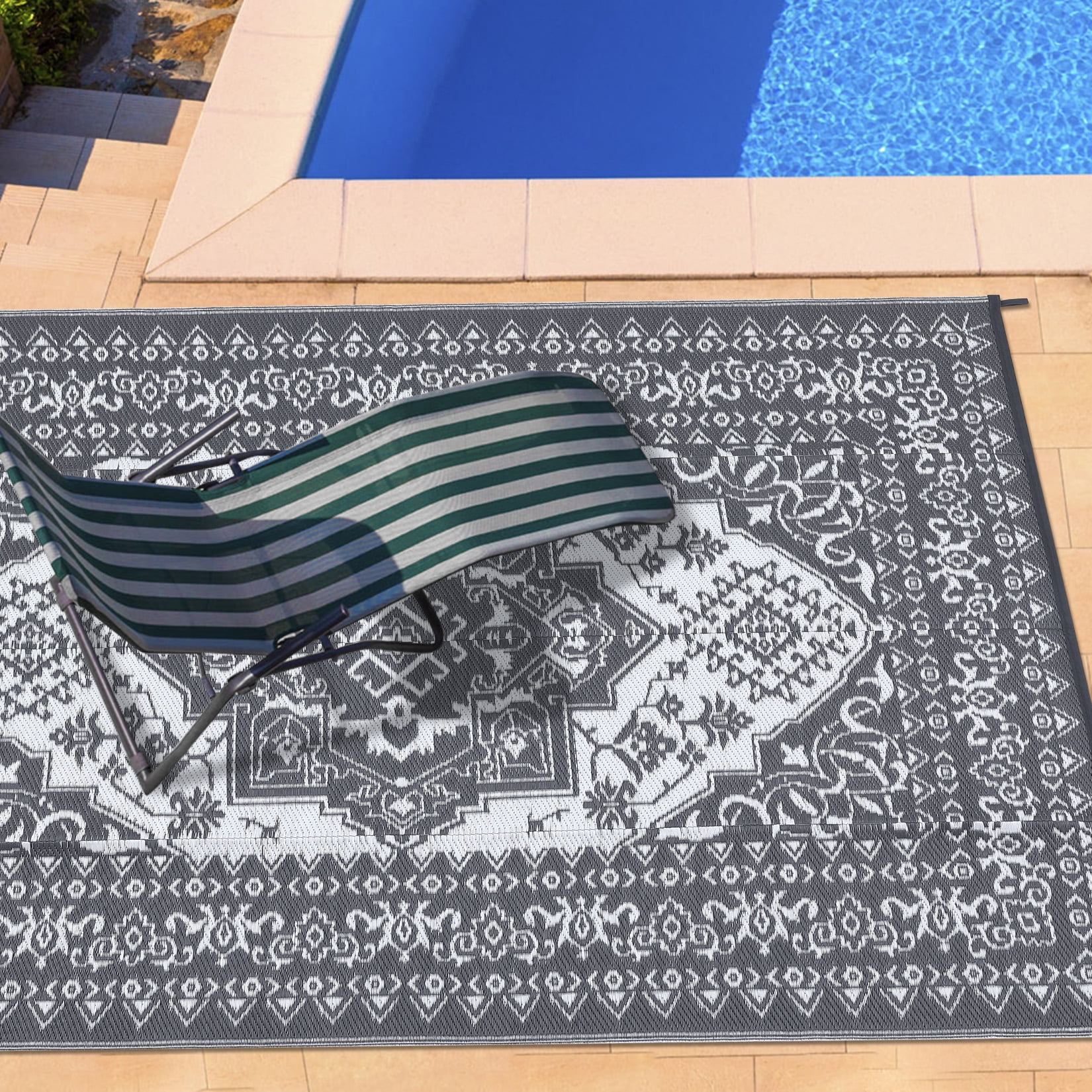 Hasoo 9' x 12' Gray/White Outdoor Rug Plastic Straw Rug Floral Carpet Waterproof PP Tube Woven Portable Mat for Patio Decor, Balcony, Picnic