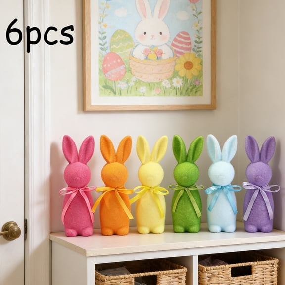 6Pcs Vibrant Color Easter Bunny Decorations, 9.8'' Flocked Bunny Figurines with Bow Tie for Spring Easter Table Centerpiece, Rabbit Tabletop Ornaments, Easter Decorations, Spring Home Decor
