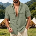 thumbnail image 3 of Mens Linen Button Down Shirt Short Sleeve Dual Chest Pocket Relaxed Fit Collared Open Front Casual Beach Overshirt, 3 of 8