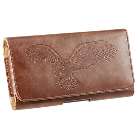 6.5-inch Horizontal Brown PU Leather Cell Phone Holster Universal Fit with Belt Clip, Embossed Eagle Design