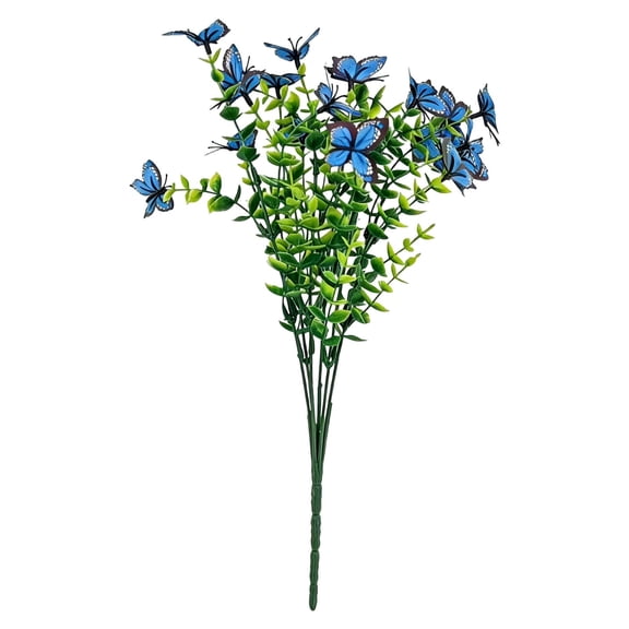 13.7 Inch Artificial Butterfly Flower Bouquet, Faux Floral with Greenery for Spring Summer Indoor Outdoor Garden Porch Patio Decor(Blue)