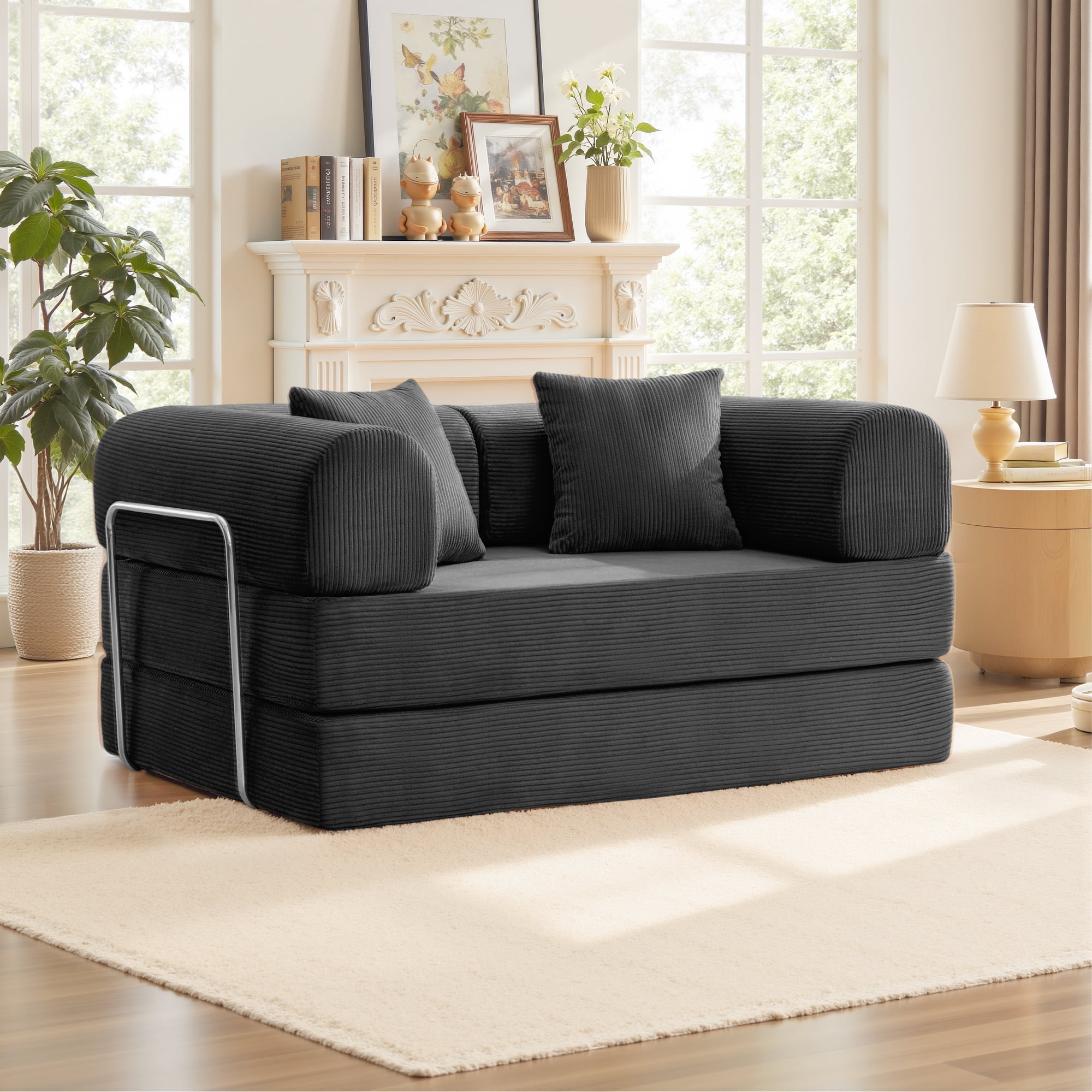 COOLHUT 63" W Combination Sofa, High Rebound Density Foam Sofa Couch, Two Forms Floor Couch Three Seats Sofa Bed for Living Room, Bedroom, Black