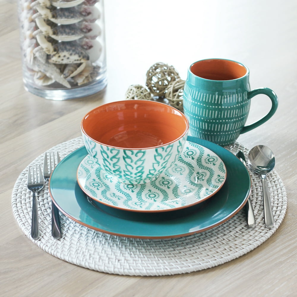 Ankara 16 Piece Stoneware Dinnerware Set, Turquoise