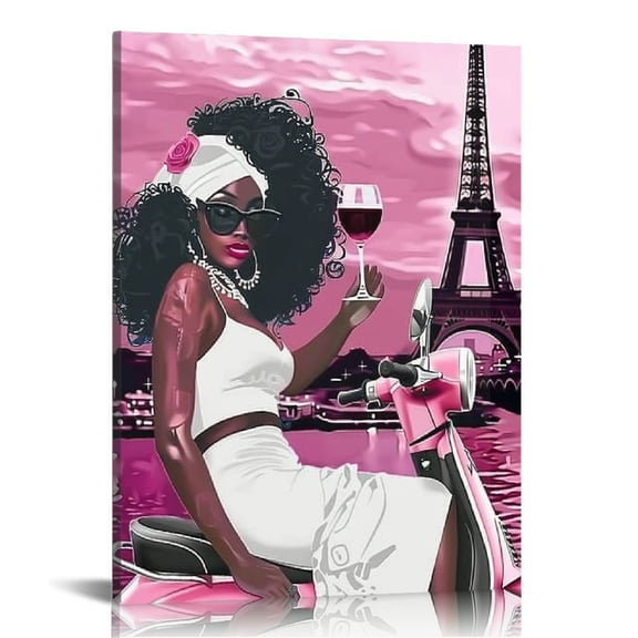 PRATYUS Framed African American Black Girl Canvas Wall Art Decor Fashion Modern Women Pictures Prints Painting Pink and Black Beach Paris Eiffel Tower Abstract Living Room Bedroom Bathroom