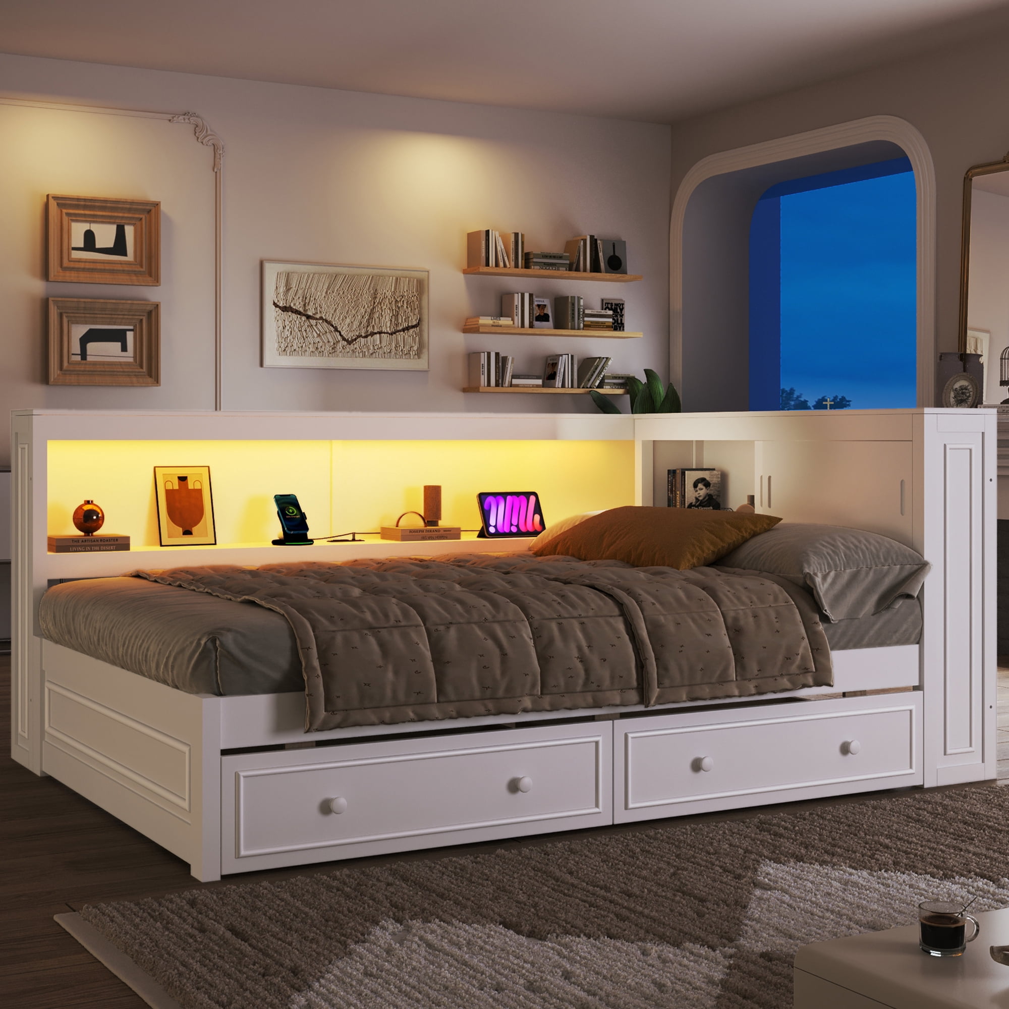 Euroco Full Size Wood Daybed with Storage Shelves and Drawers, Platform Bed with LED Light and USB Ports, White
