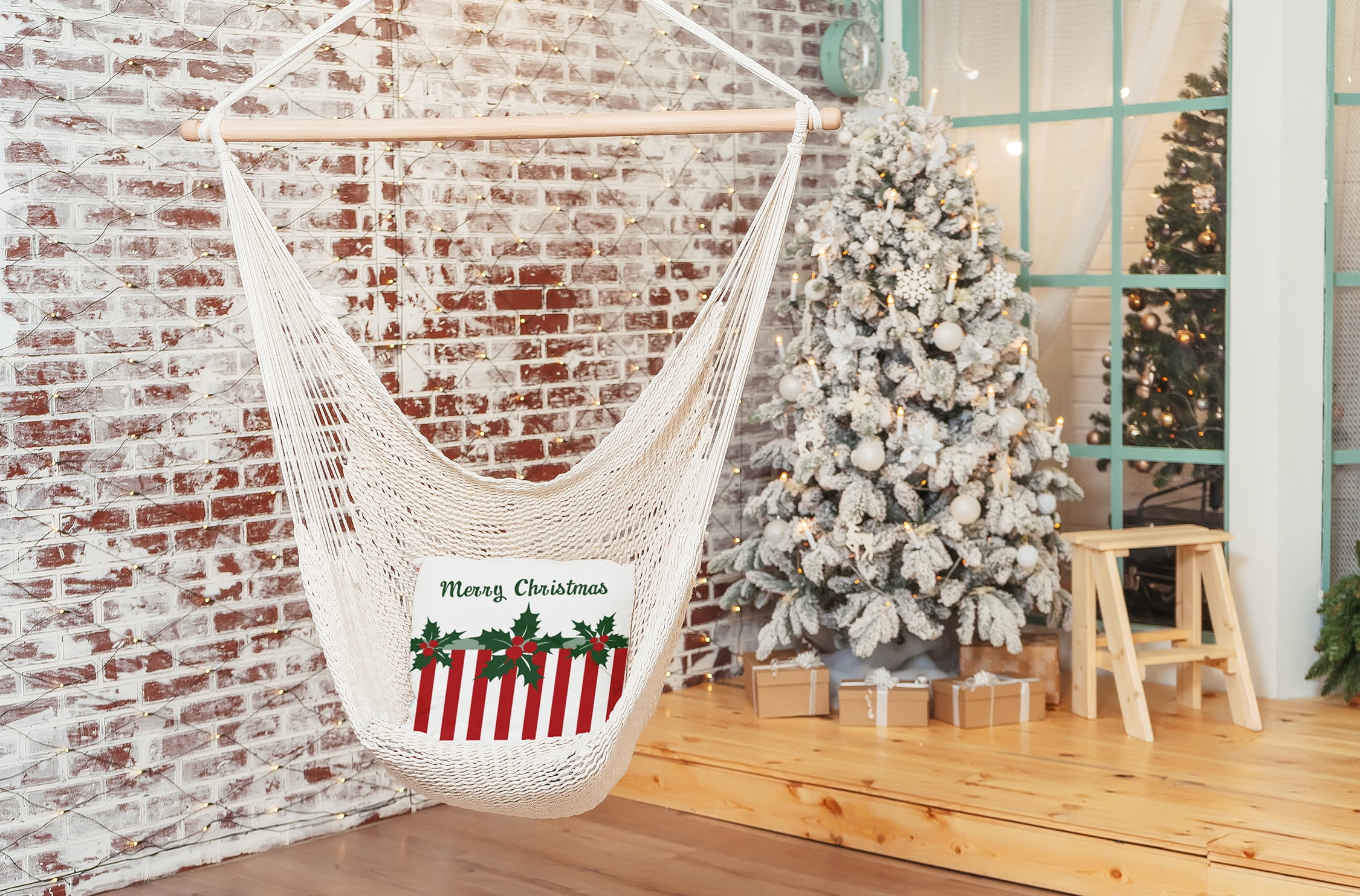 18" x 18" Simply Daisy Merry Christmas Stripes Polyester Indoor/Outdoor Pillow, Forest Green Qty 1