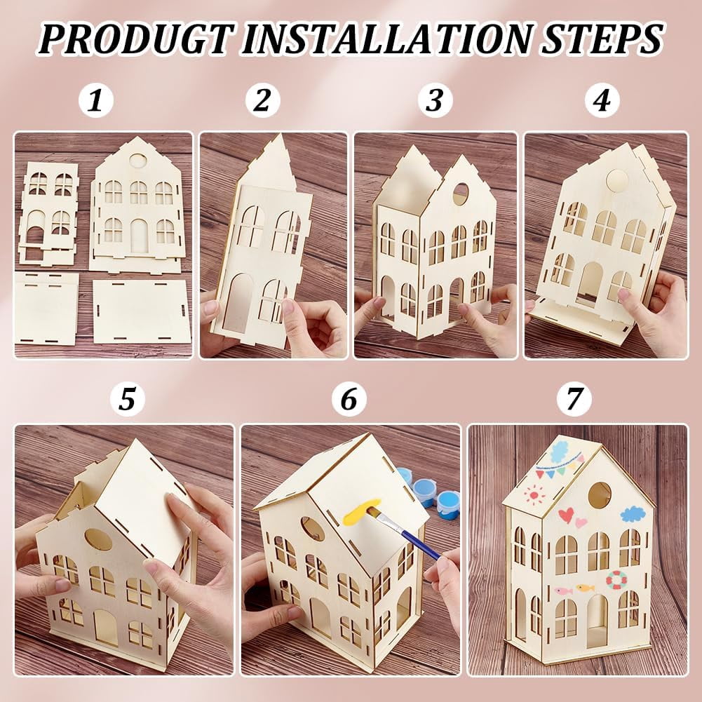 12pcs DIY Christmas Village Sets Unfinished Wooden Houses for Crafts 6 Styles Mini Unassembled House for Indoor Room Landscape Holiday Party Desktop Decoration