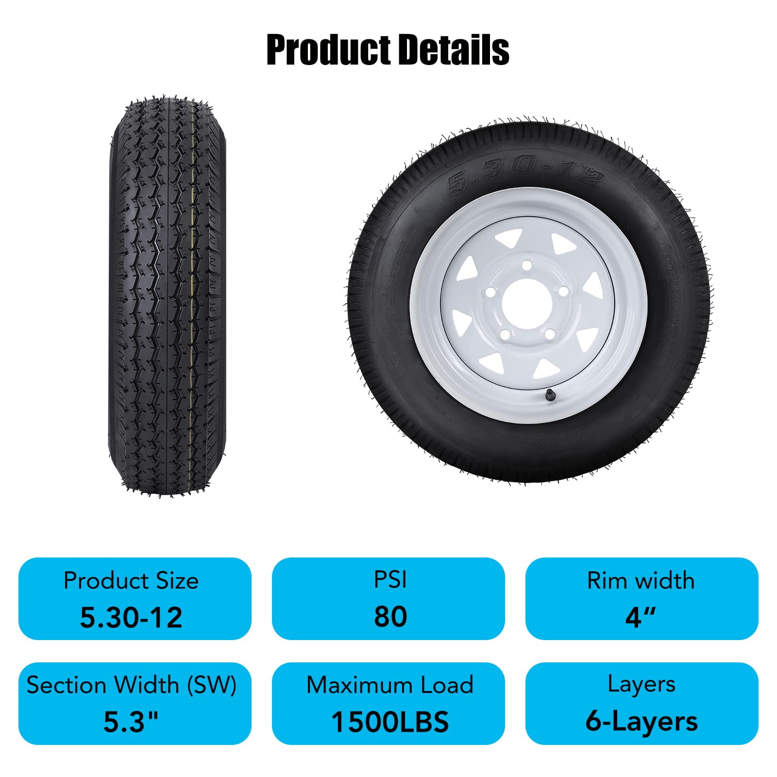 Garvee Set of 2 4.80-12 4.80x12 480-12 4.80-12 Trailer Tires with 12" Rims, 5 Lug on 4.5", Load Range C 6PR