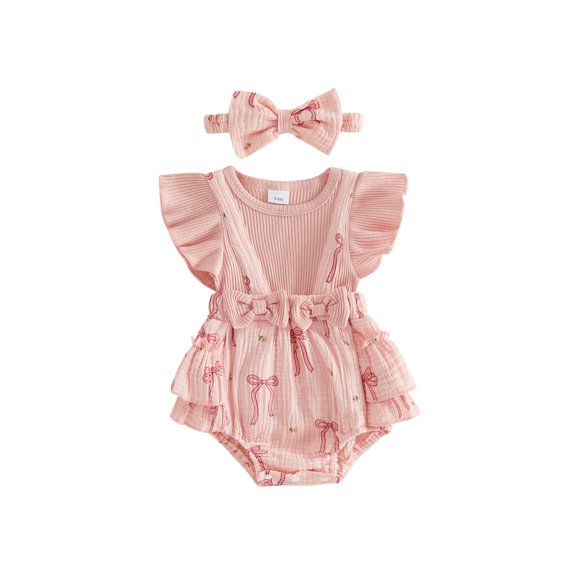 BemeyourBBs Newborn Baby Girl Summer Clothes Cotton Linen Outfit Infant Bubble Romper Cute Floral Bow Print Fake Two Pieces Flutter Sleeve Bodysuit Jumpsuit Playsuit with Headband