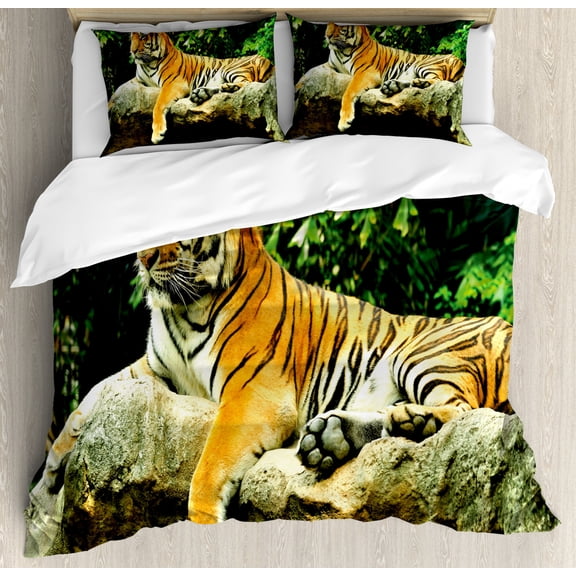 Tiger Duvet Cover Set King Size, Resting Feline in the Forest on a Large Rock Sublime Carnivore Beast Beautiful Nature, Decorative 3 Piece Bedding Set with 2 Pillow Shams, Multicolor, by Ambesonne