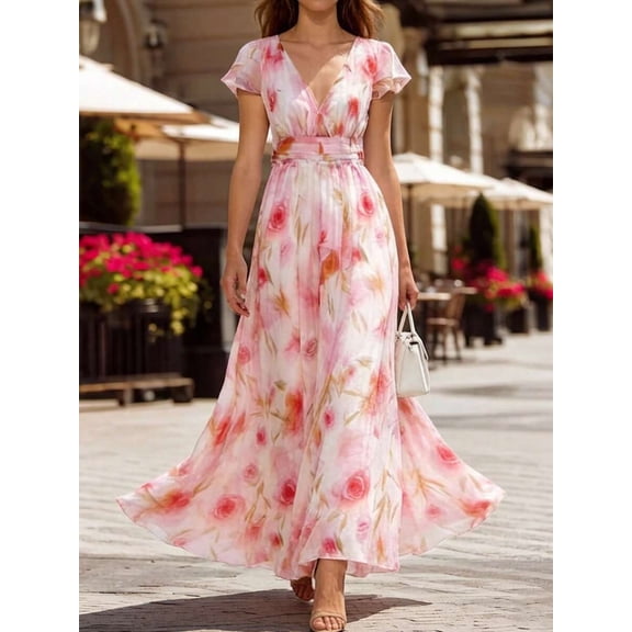 Pink Floral Print V-Neck Romantic Elegant Long Maxi Dress