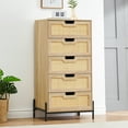 thumbnail image 1 of Yiwa Commode Bohème en Rotin à 5 Tiroirs, Commode en Bois Fini Chêne, Unité de Rangement Moderne pour Chambre Ou Entrée, 1 of 7