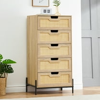 IDEALHOUSE 5 Drawers Dresser for Bedroom, Natural Rattan Drawer with Spacious Storage, Wood Chest of Drawers with Metal Legs for Bedroom, Living Room, Hallway, Entryway