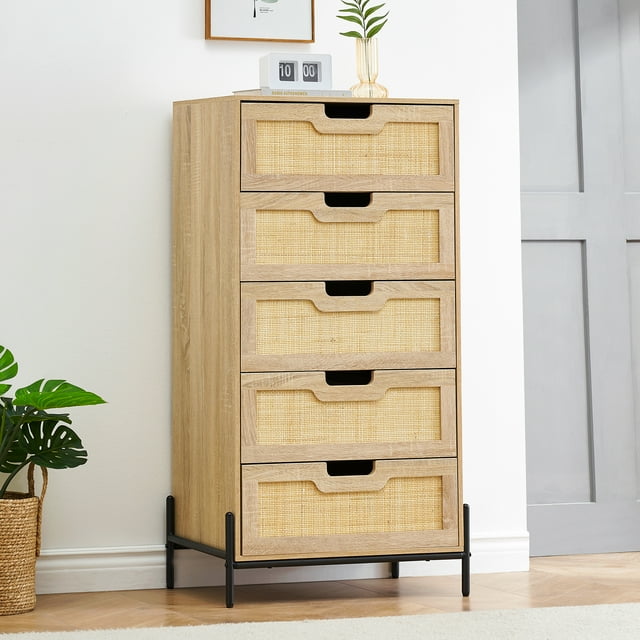 Yiwa Commode Bohème en Rotin à 5 Tiroirs, Commode en Bois Fini Chêne, Unité de Rangement Moderne pour Chambre Ou Entrée
