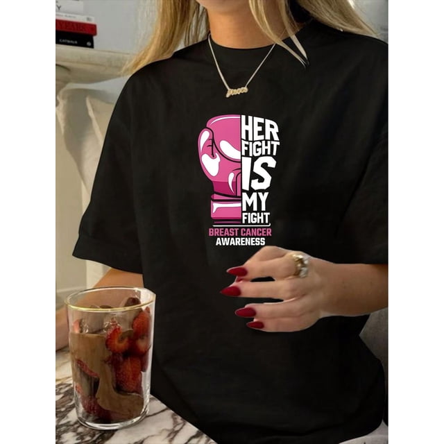 Women'S Vintage Crew Neck T-Shirt, Polyester Knit Fabric, Short Sleeve, Regular Length, with Geometric Pink Boxing Glove Print, for Summer Casual Tee