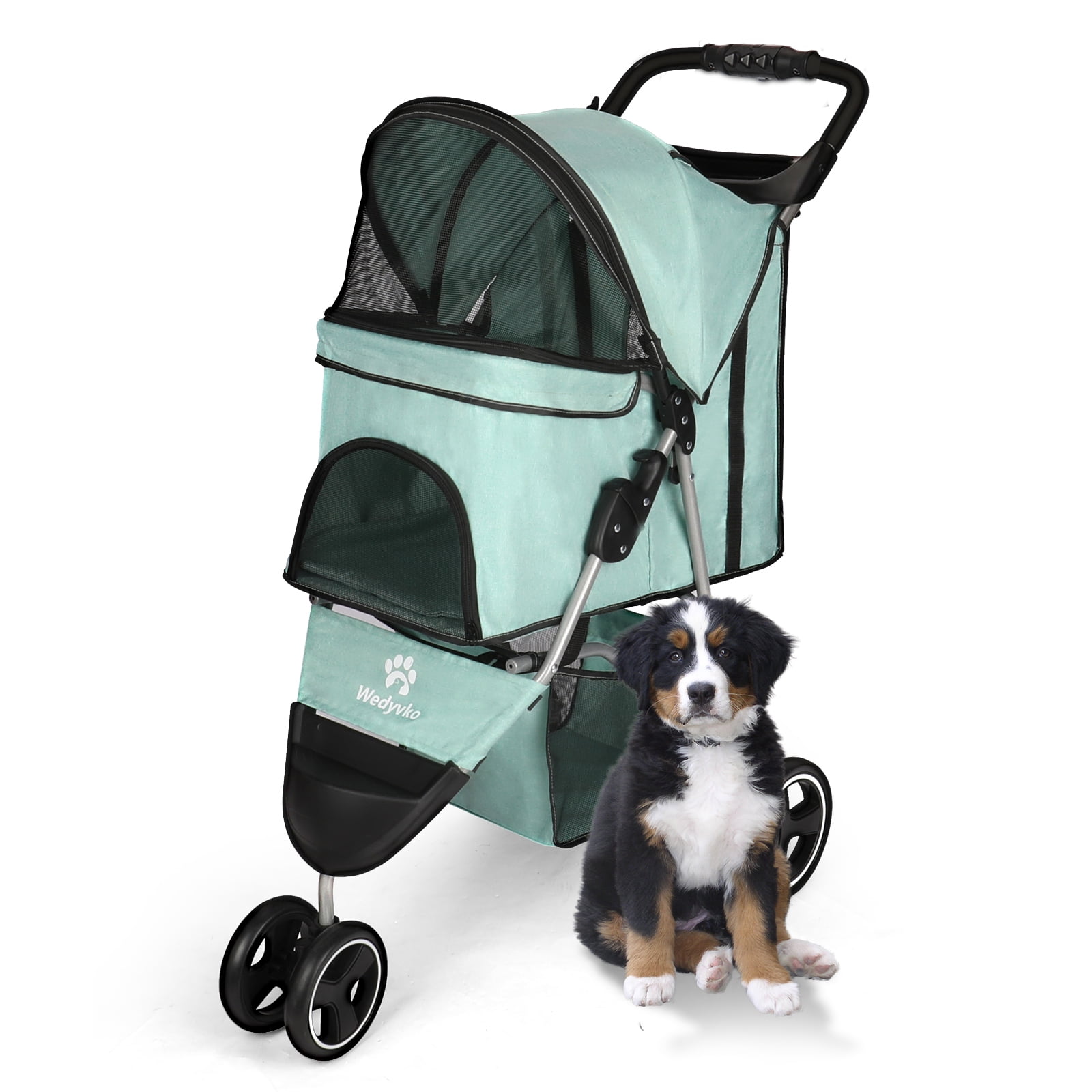 Wedyvko 3 Wheel Pet Folding Dog Stroller, Large Capacity, 360 ° Rotating Front WheelsGreen
