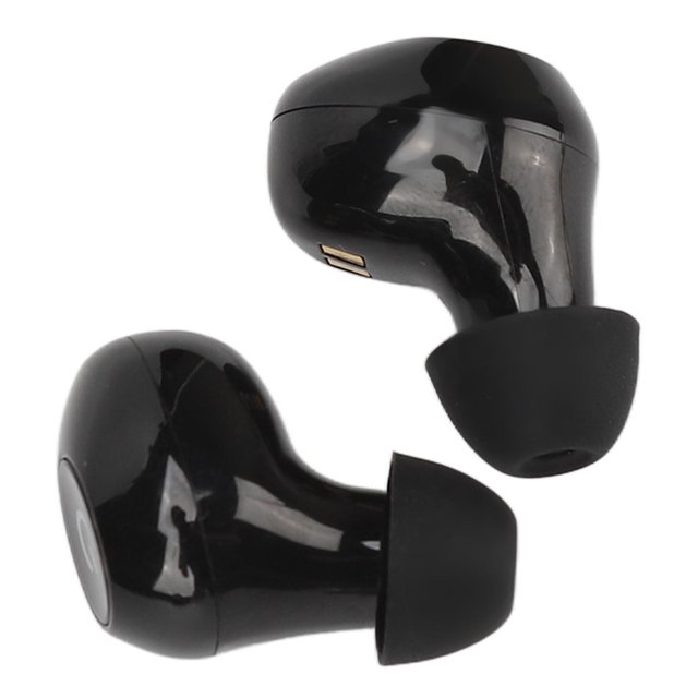 dispositivo de asistencia auditiva amplificador de sonido portátil anggrek, par de audífonos intrauditivos negros de ABS con tapones de silicón y contactos metálicos de carga, vista frontal y lateral, diseñado para adultos y personas mayores con control de volumen y modos de escucha; también suele usarse como amplificador personal para escuchar TV a bajo volumen.
