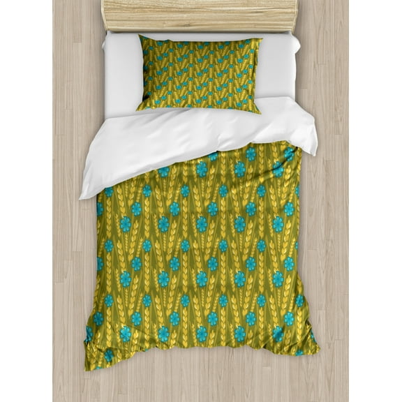 Yellow and Blue Twin Size Duvet Cover Set, Agriculture Theme Wheat and Cornflower Blossom Autumn Harvest, Decorative 2 Piece Bedding Set with 1 Pillow Sham, Earth Yellow and Aqua, by Ambesonne