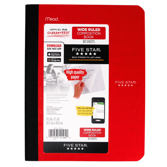 Five Star Composition Book [Wide Ruled]: 7-1/2 in. x 9-3/4 in. (Fire Red) 80 sheets