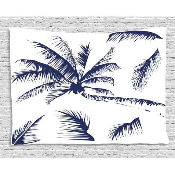 Psychedelic Tapestry, Silhouette of Coconut Palm Tree with Details Dreamy Nature Themed Design Artwork, Wall Hanging for Bedroom Living Room Dorm Decor, 80W X 60L Inches, Indigo, by Ambesonne