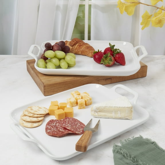 Denmark Tools for Cooks 2 Piece Stoneware Rectangular Serving Trays Platters Set with Handles, White