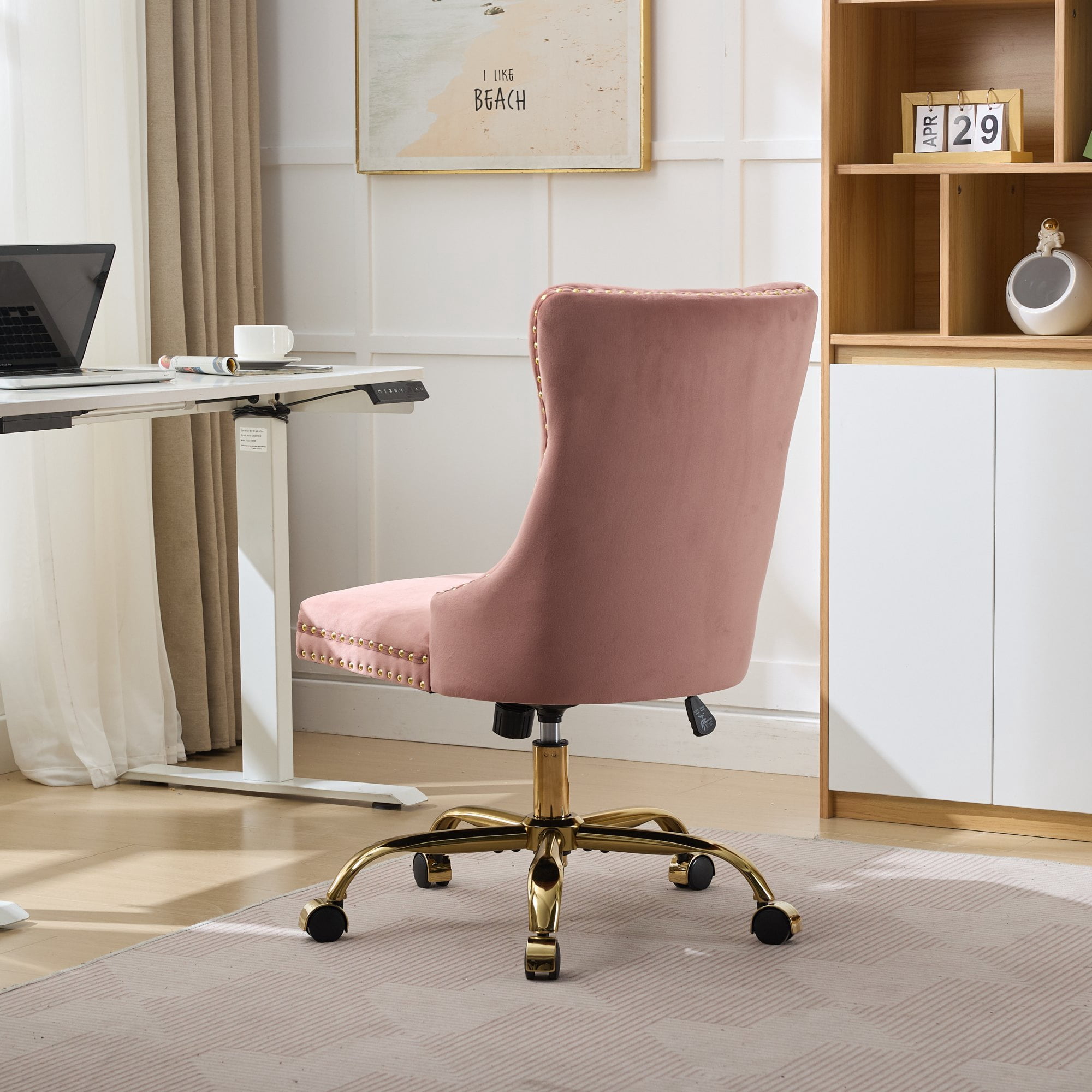 Leumius Velvet Office Chair with Wheels,Modern Upholstered Tufted Button Adjustable Home Desk Chair with Golden Metal Base,Swivel Vanity Chair for Bedroom,Pink