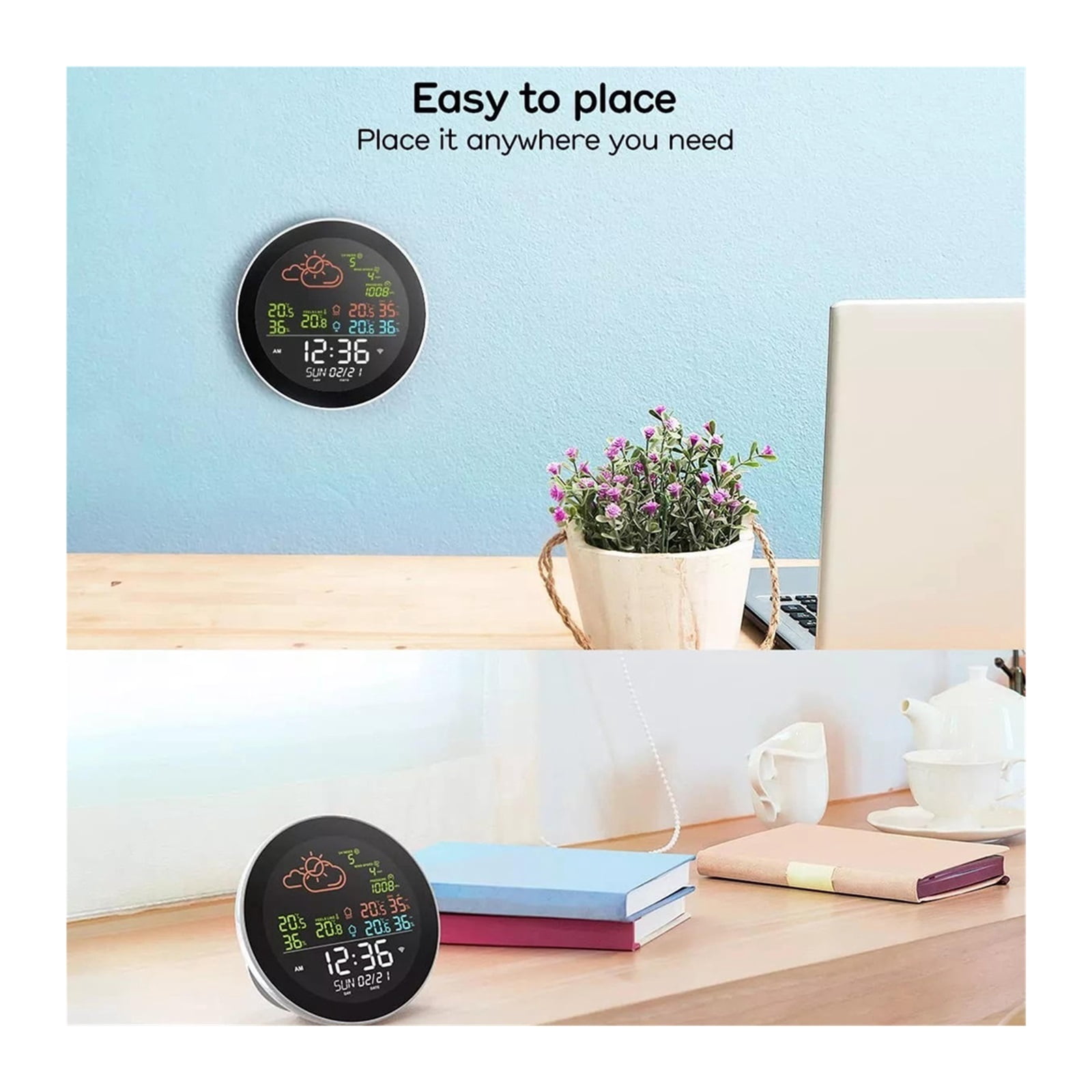 Multifunctional Home/Office Weather Station Color Digital Display Clock Outdoor Indoor Temperature - WITH 3 SENSORS