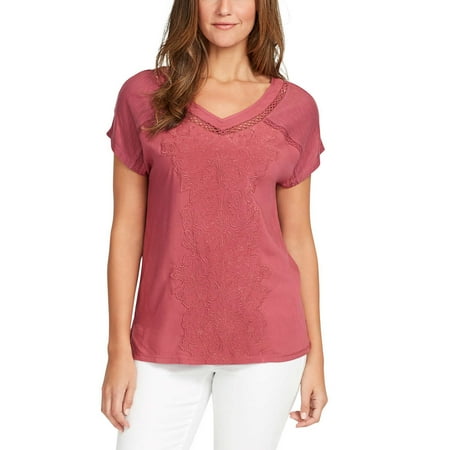 Embroidered Short Sleeve Work Shirt - Gloria Vanderbilt Womens Short Sleeve Embroidered Top (Dry Rose, Medium)
