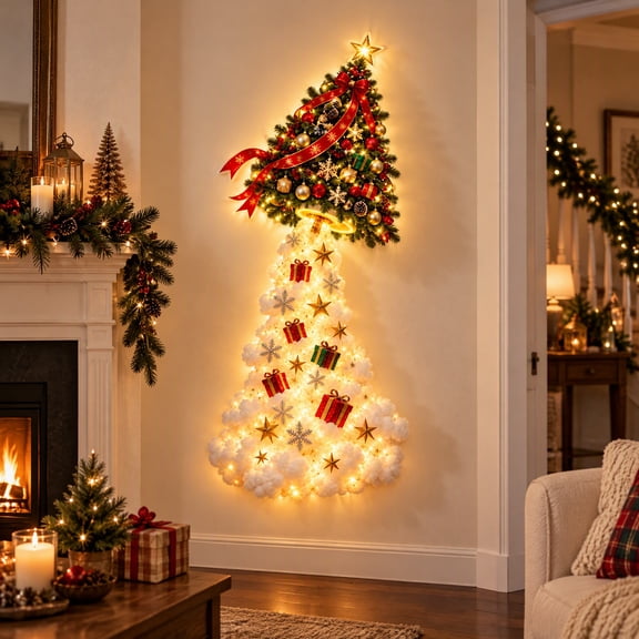 Christmas Wall Lights, Christmas Magic Trail Wall Light, 3D LED Cascading Hanging Decoration, Indoor Holiday Wall Decor for Living Room Doorway Mantel (Christmas tree)