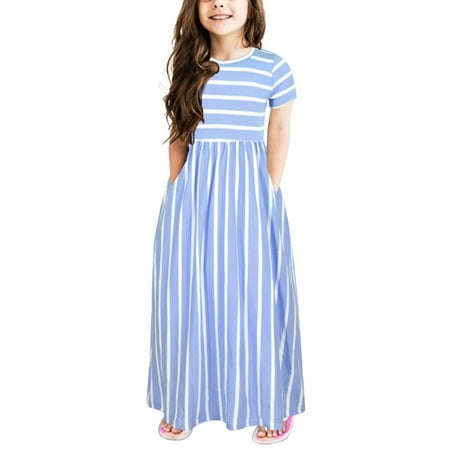 

Girl s Short Sleeve Stripe Print Loose Casual Long Maxi Dress with Pockets 2-9 Years