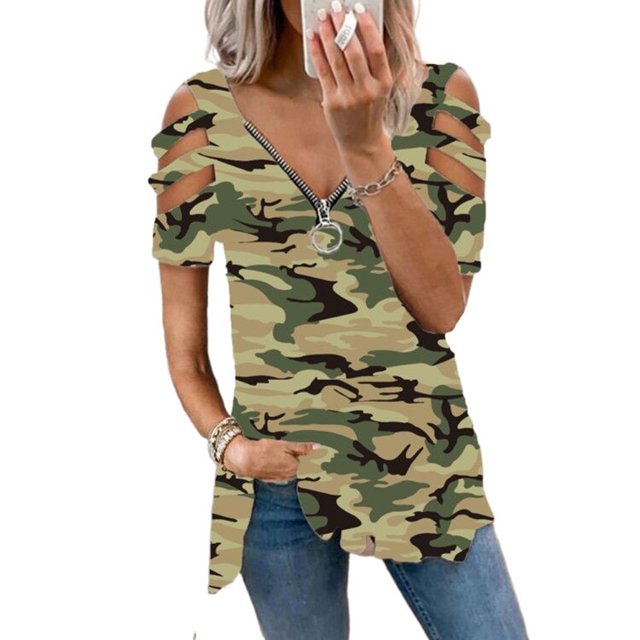 QJUHUNG Women Summer Short Sleeve Cold Shoulder V Neck Zipper Tunic Tops Loose Leopard Blouse