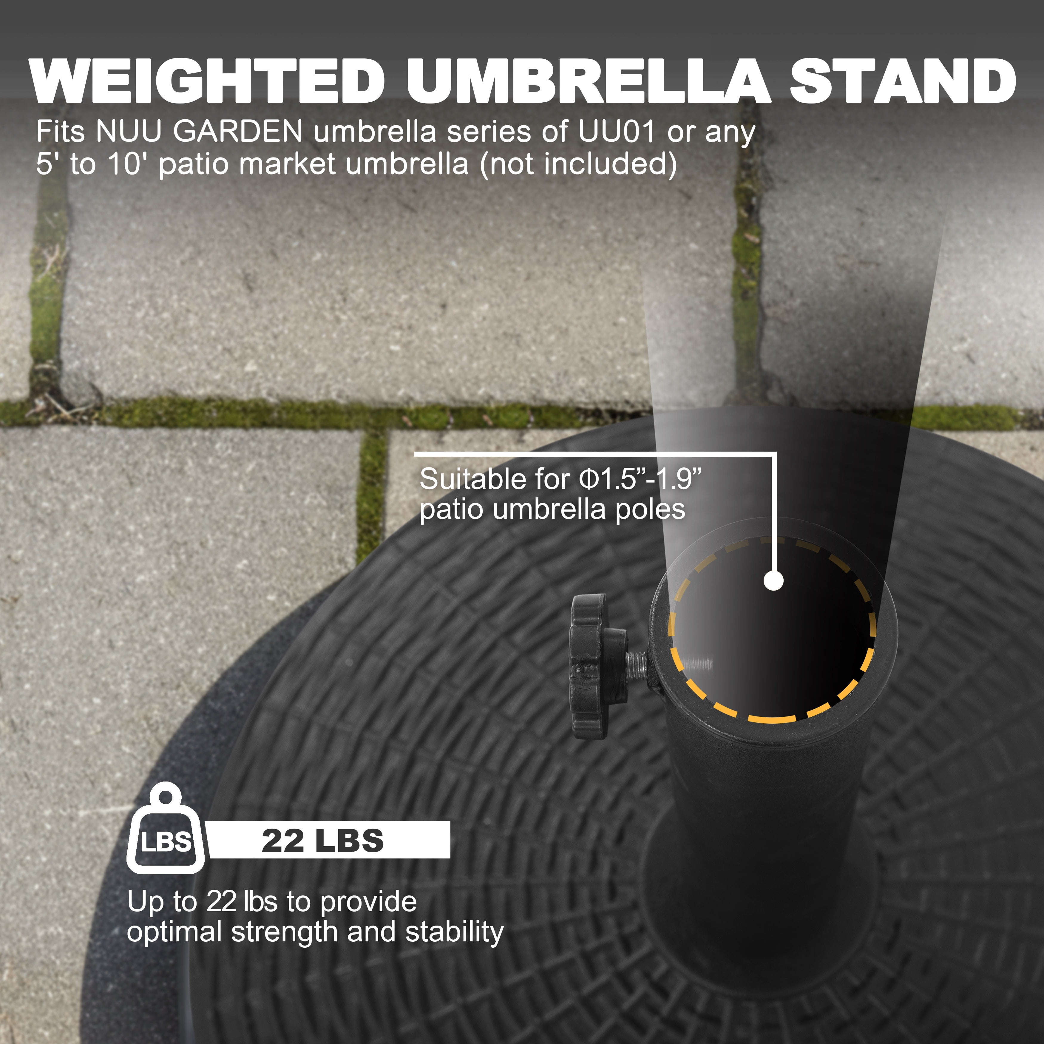 Nuu Garden Outdoor 22 lb, 18'' Round Patio Umbrella Base, Weighted Umbrella Stand with Hand-turn Knob, Weather-resistant Resin and Concrete, for Patio Umbrellas with Φ1.5''-1.9'' Poles, Black