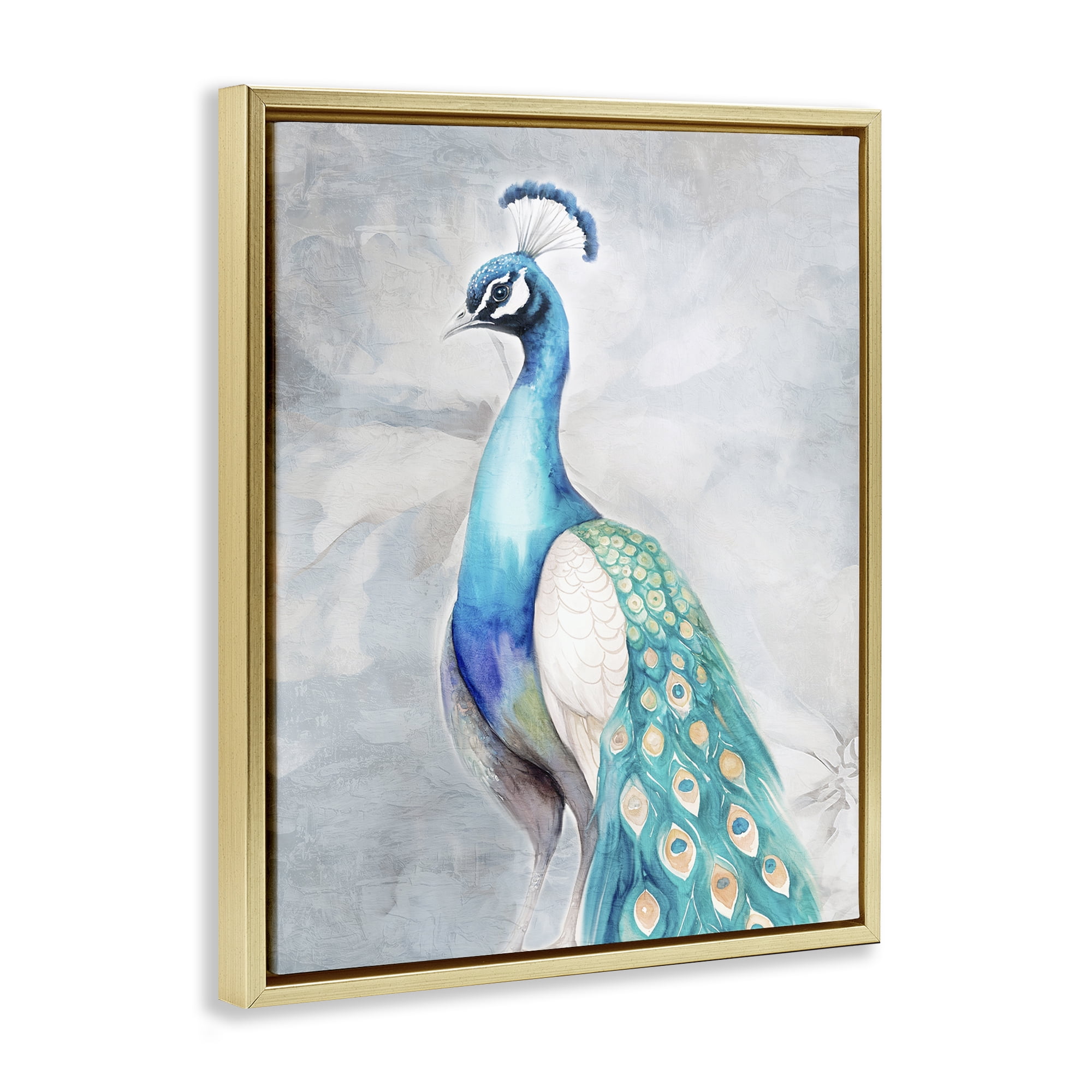 Stupell Industries Elegant Blue Peacock Animals Painting Gold Floater Framed Canvas Art Print Wall Art, 17 x 21