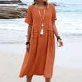 thumbnail image 1 of Vestido de verano holgado e informal de algodón y lino de color liso con cuello redondo y manga corta y largo medio para mujer, 1 of 4