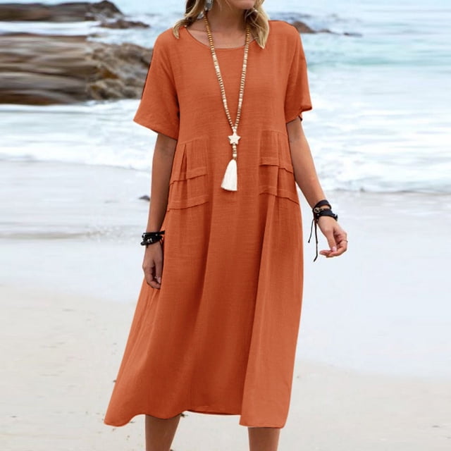 Vestido de verano holgado e informal de algodón y lino de color liso con cuello redondo y manga corta y largo medio para mujer