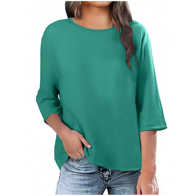 Staron Linen Tops for Women Round Neck Short Sleeve Loose Fit Tunic Tops Summer Solid Color Trendy Business Basic Tops