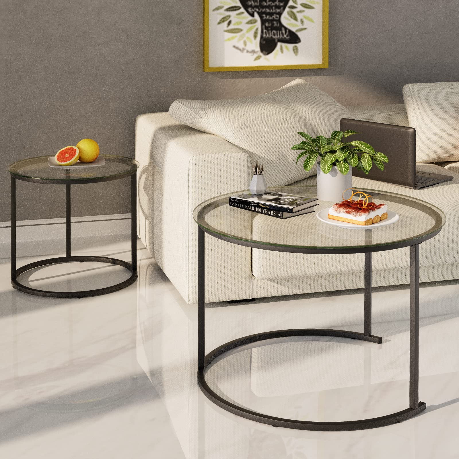 Nesting Coffee Table Set of 2,Modern Black Tempered Glass Side Table, Metal Frame Round End Table.Small Glass Tea Table for Living Room,Bedroom Studio Apartment Essentials，17.7IN