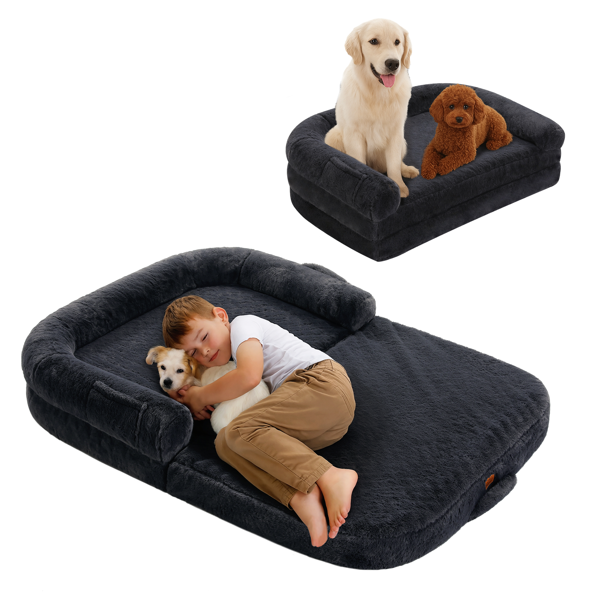 PAWZ Road Foldable Dog Bed for Child, Human Sized Plush Dog Bed Waterproof for Large Dogs, Dark Gray