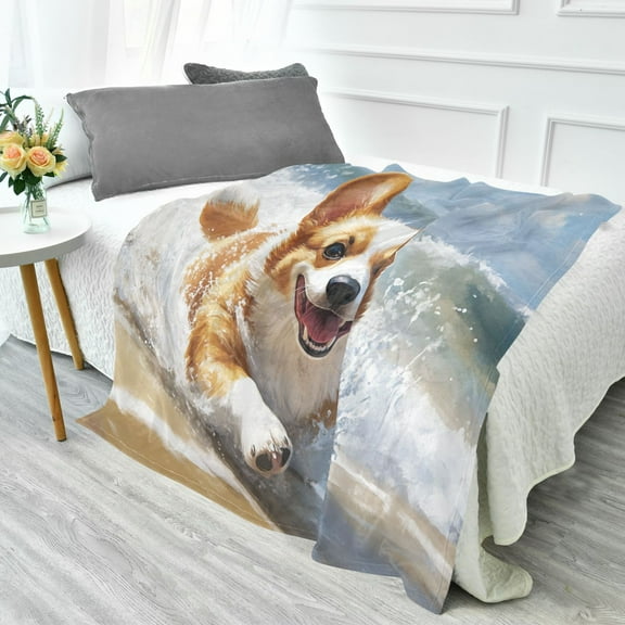 YAZAOO Travel Blanket Camping Blankets Fashion Corgi on Beach Patten