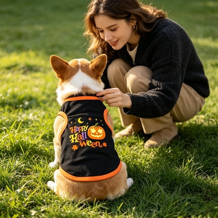 Kiddiway Halloween Pumpkin Print Vest for Small Pets - Lightweight Outfit for Dogs and Cats, Great for Halloween Decor and Cat Costumes