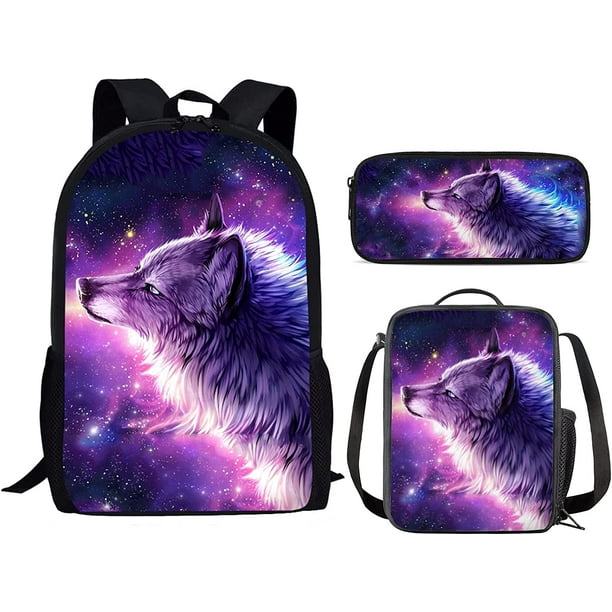 HUG SIDEA Universe Space Galaxy Wolf Backpack for School with Lunch Box