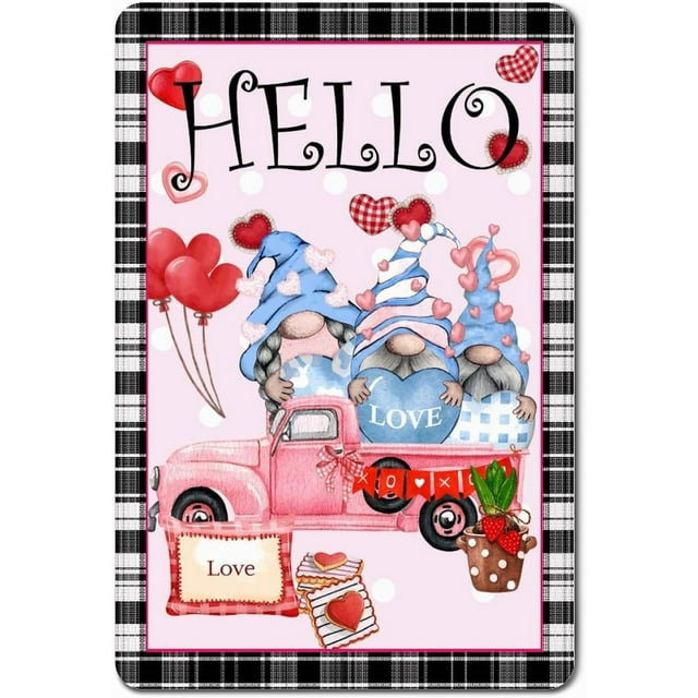 Letreros de metal retro "Hola, amor, San Valentín", camión rojo, corazón, globo, placa de metal, divertido gnomo de San Valentín, 12 x 8