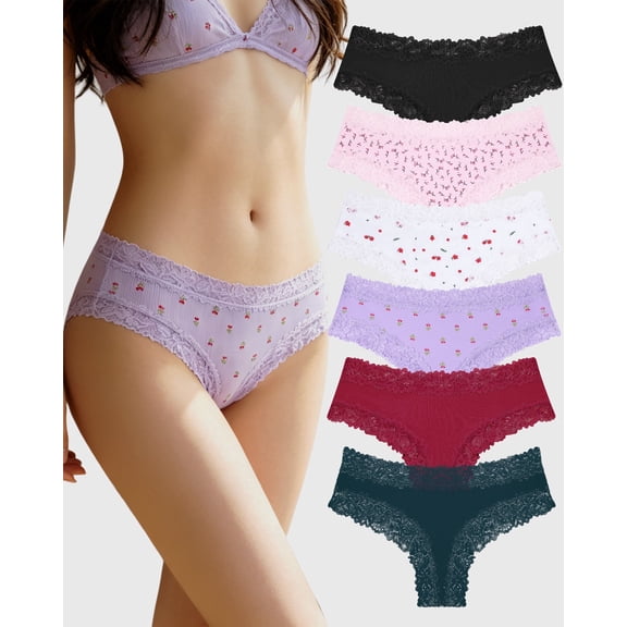 FINETOO Cotton Underwear For Women Lace Brazilian Panties Soft Breathable Cheeky Bikini for Ladies 6 Pack