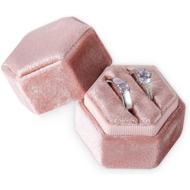 Caja de terciopelo para anillos, para joyería, con ranuras dobles, caja de anillos hexagonal para compromiso, boda, día de San Valentín, con capacidad para 2 anillos (melocotón ruborizado)