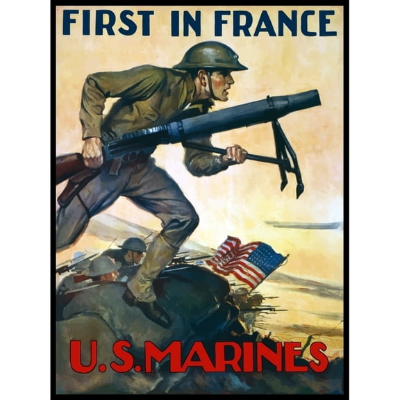 World War One poster of Marines charging into battle behind the American flag Poster Print