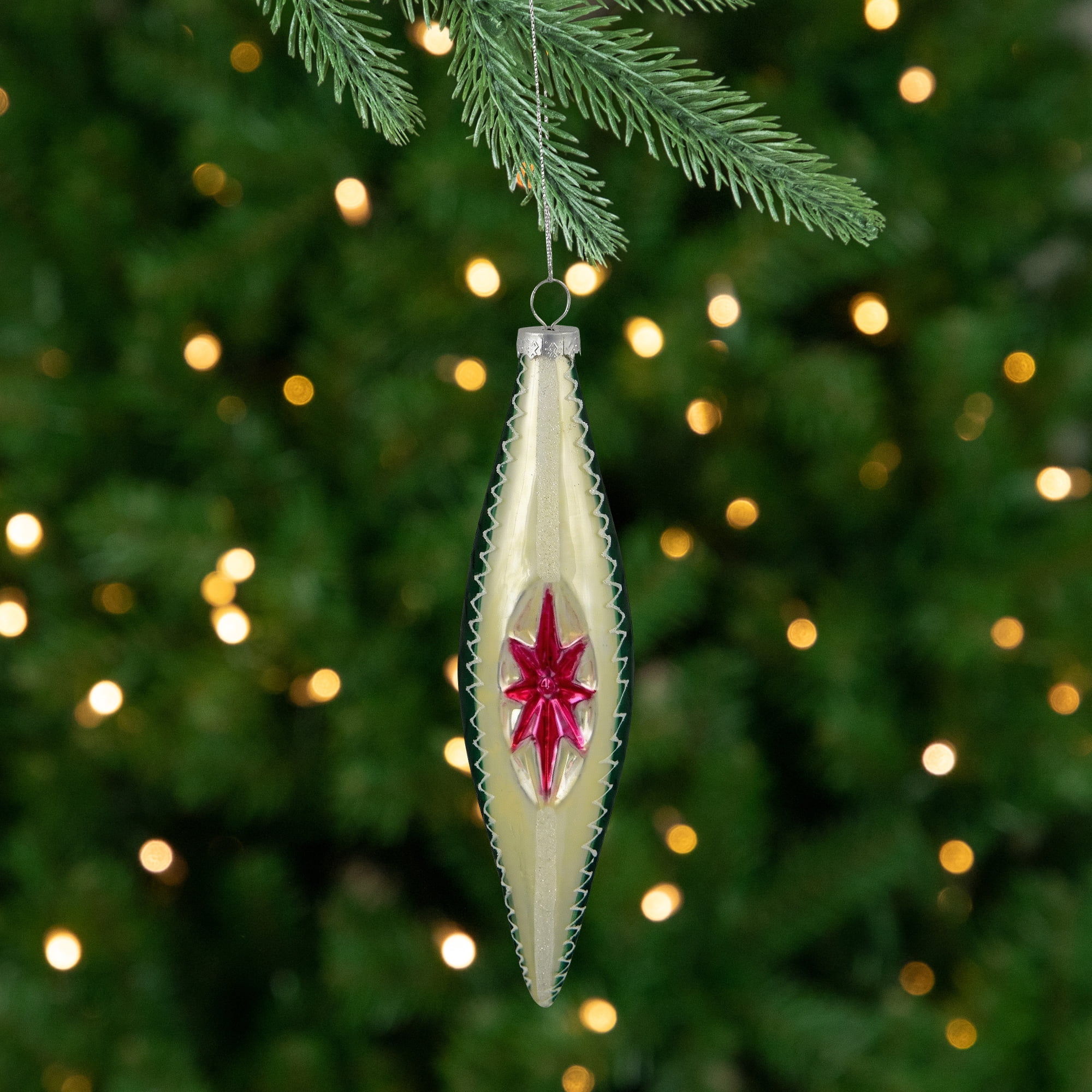 6.75" Green and White Retro Reflector Finial Glass Christmas Ornament