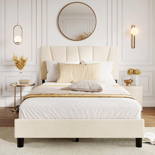 EDTara Adjustable Headboard Twin Bed Frame, Linen Upholstered Platform With Wooden Slat Base, No Box Spring Needed