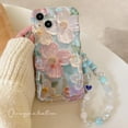 thumbnail image 2 of Compatible for iPhone 13 Pro Max Case with Cute Holographic Sparkly Retro Oil Painting Flowers Design for Girls Woman TPU Slim Floral Cover+Colored Pearls Phone Charm-Green, 2 of 14