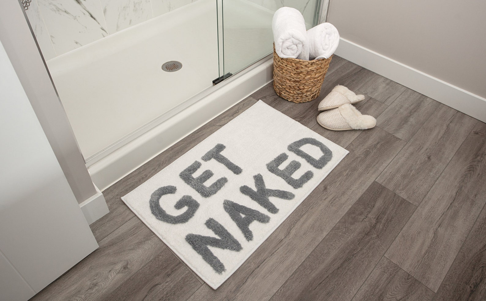 Get Naked Bath Mat - White Get Naked Rug - Cute Bath Mat - Fun Bath Mat - Cool Bathroom Stuff - Funny Bathroom Decor - Sign for Bathroom Rugs - White and Grey Bathroom Accessories - Machine Washable V
